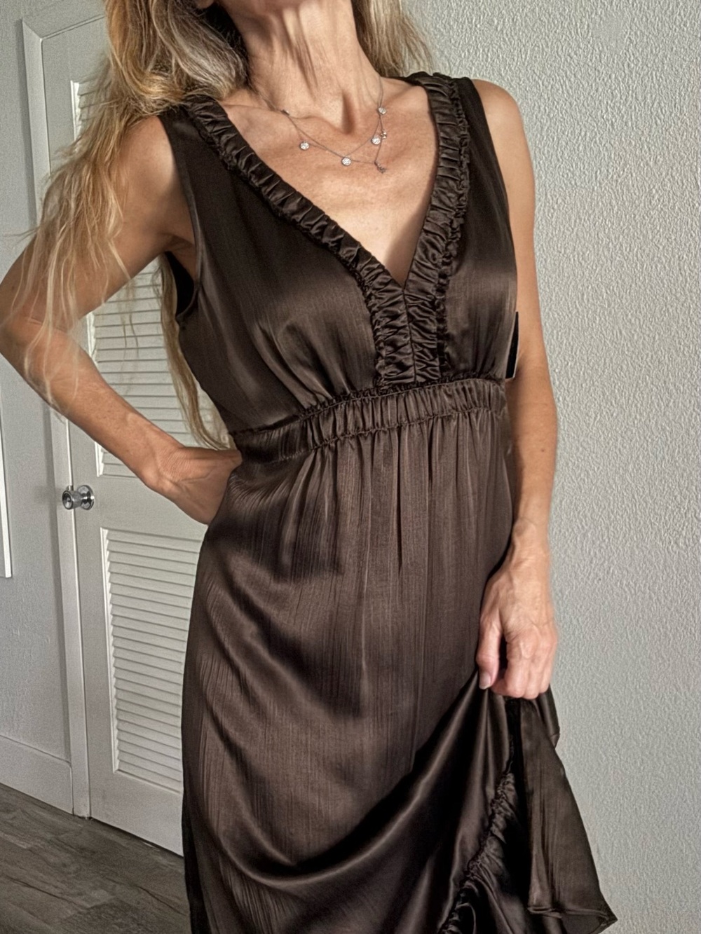 Liz Claiborne Brown Ruffle V-Neck Maxi Dress